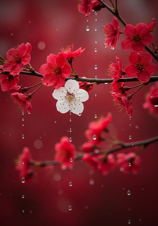 Rainy Red and White Cherry Blossoms