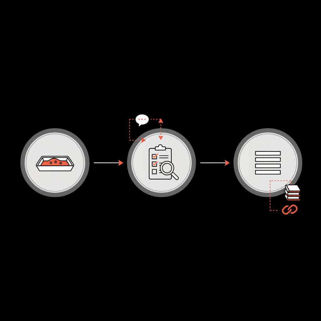 Minimalist 2D vector diagram of a sandbox-to-live-article pipeline with icons for sources, talk page, and review; reasons for deletion on Wikipedia