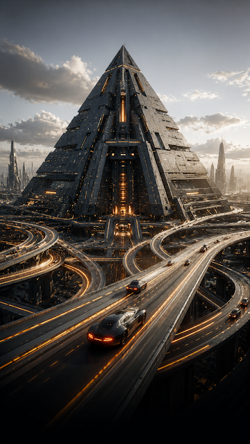 Futuristic Pyramid Skyscraper with Elevated Multi Tier Highways - Free mobile Wallpaper