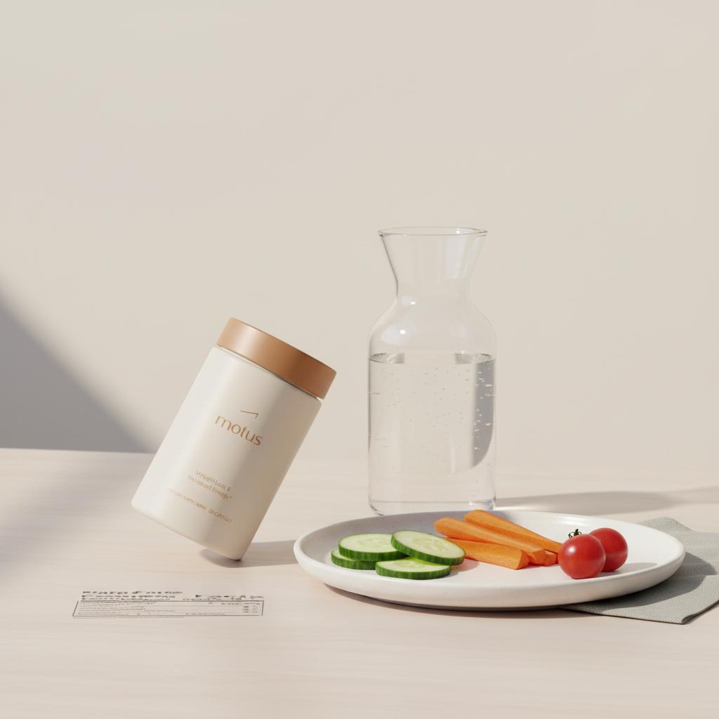 Minimalist photo of Tonum Motus supplement container on a wooden table beside a simple plate of vegetables and glass carafe, soft natural light — how long to detox liver