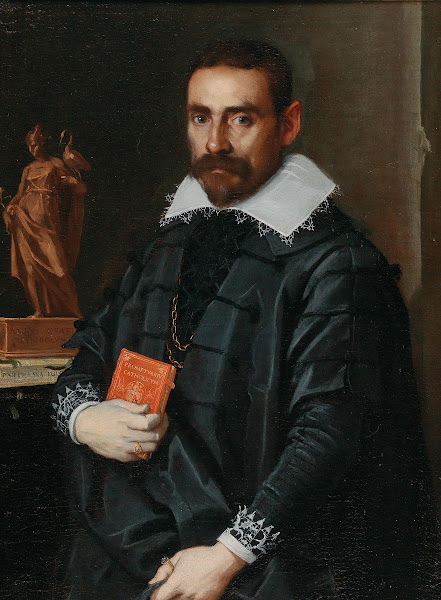 Portrait Of A Gentleman Three Quarter Length Holding A Book With A Statue In The