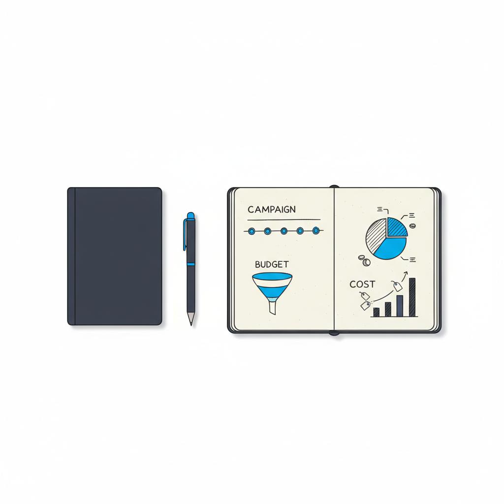 Minimal 2D vector desk scene with closed laptop, pen and open notebook showing hand-sketched campaign timeline, budget pie chart and funnel illustrating cost per lead