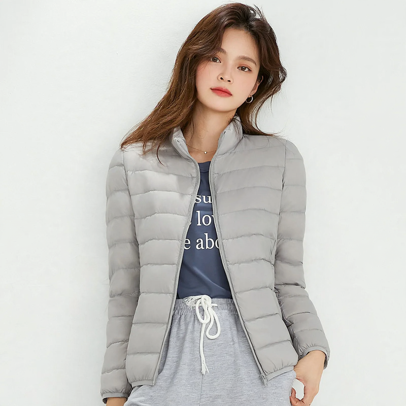 Lightweight down jacket for women, stand-up collar, white, duck down