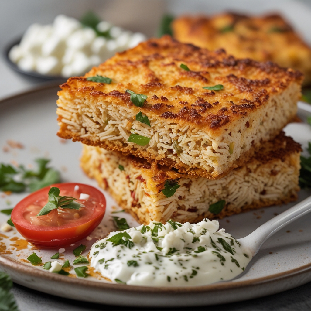 Final Crispy Baked Mediterranean Chopped Rice & Chickpea Squares with Zesty Feta-Herb Dip