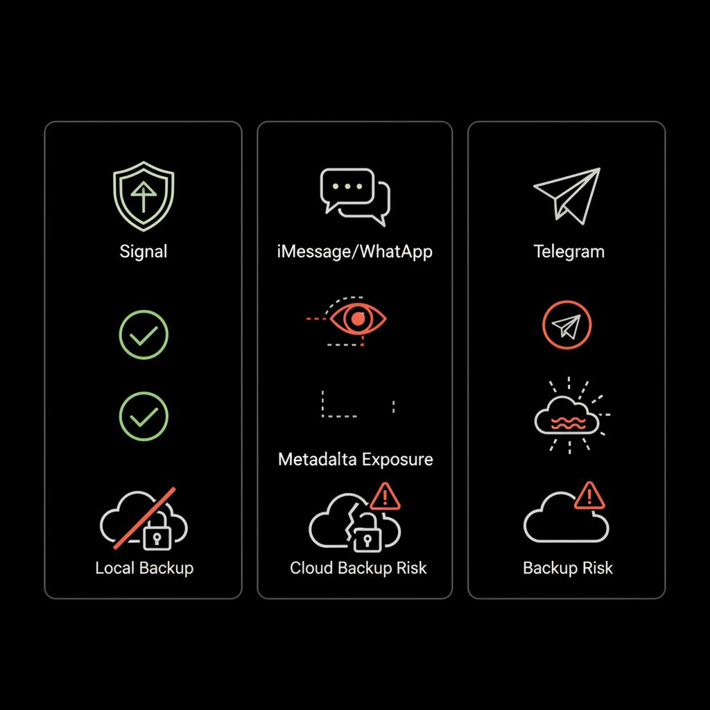 Minimal 2D vector infographic comparing best private messaging apps: three columns for Signal, iMessage/WhatsApp, and Telegram showing default E2EE checks, metadata exposure, and backup risk icons on black background