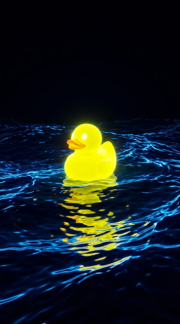 Neon Glowing Rubber Duck in Dark Blue Digital Water - Free mobile Wallpaper