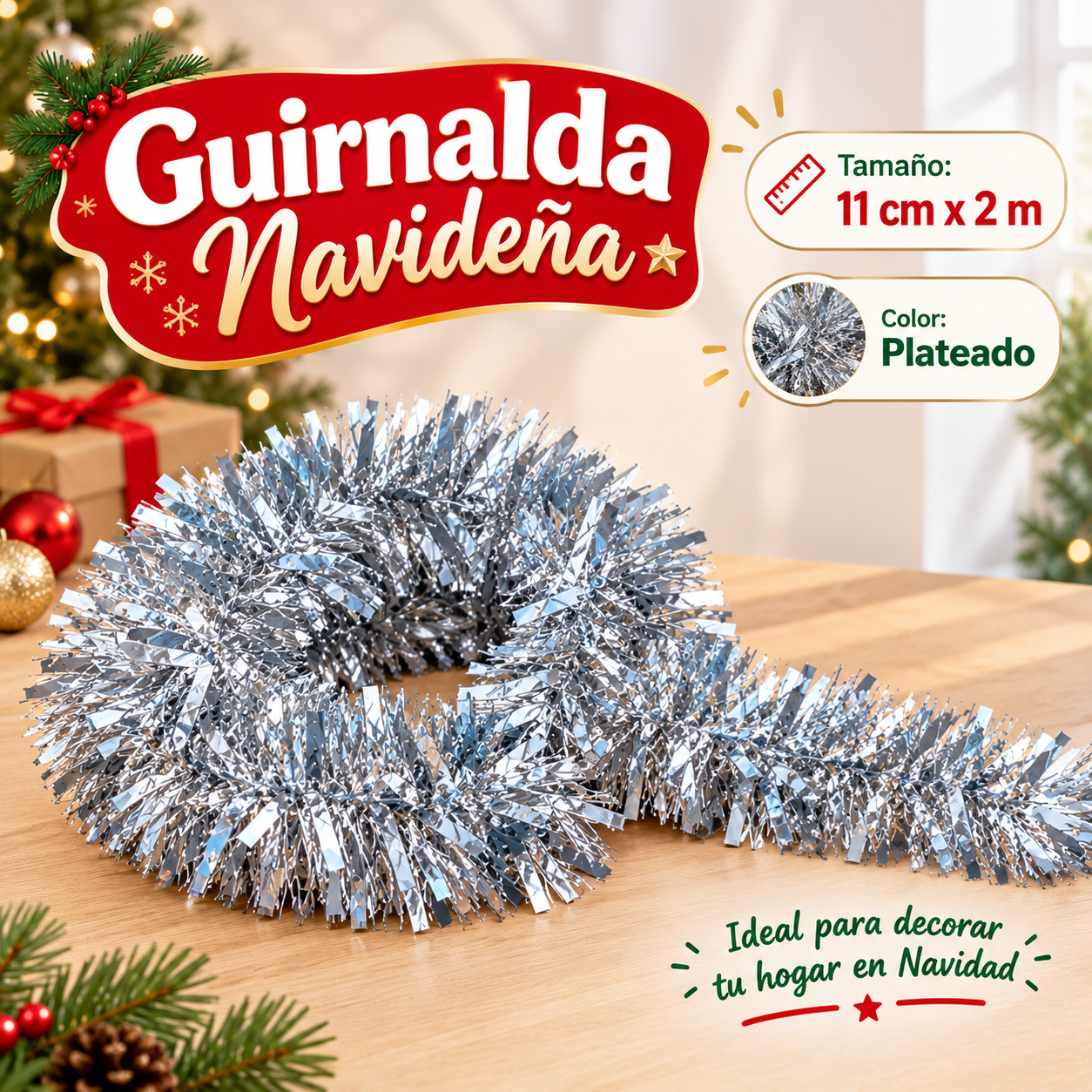Guirnalda navideña de tinsel Mate brillante 11 cm x 2 m