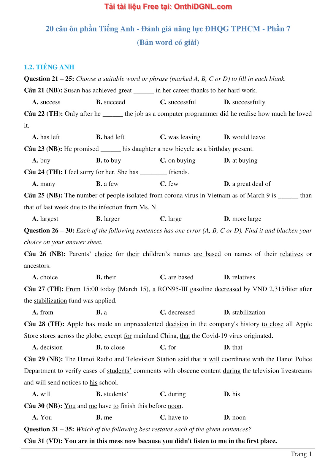 800 bài tập môn Tiếng Anh - Ôn thi ĐGNL ĐHQG TP HCM Phần 7