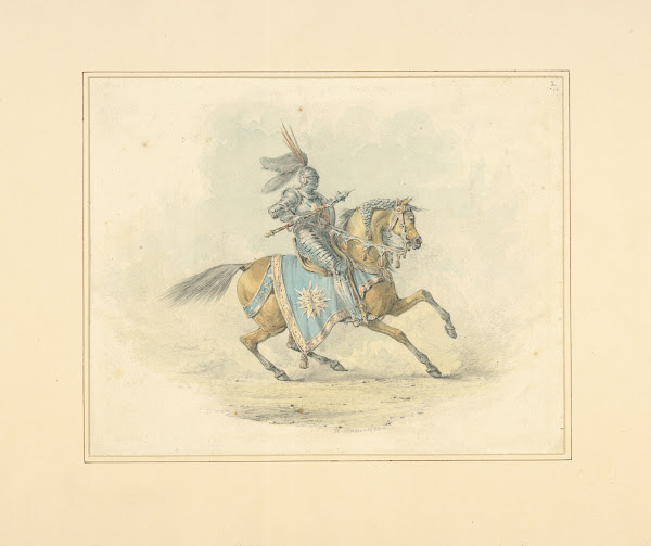 Knight in armor with mace mounted on horse 1820 1830