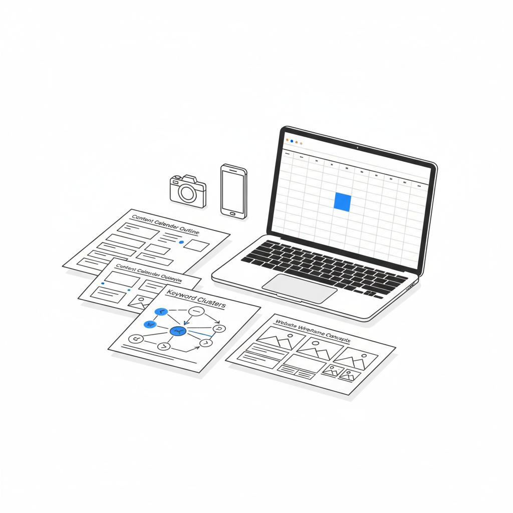Minimalist 2D vector desk scene with laptop showing a blank spreadsheet grid, camera, phone and scattered thumbnail printouts arranged like a planning spread &mdash; How much do 1000 Facebook ads cost?