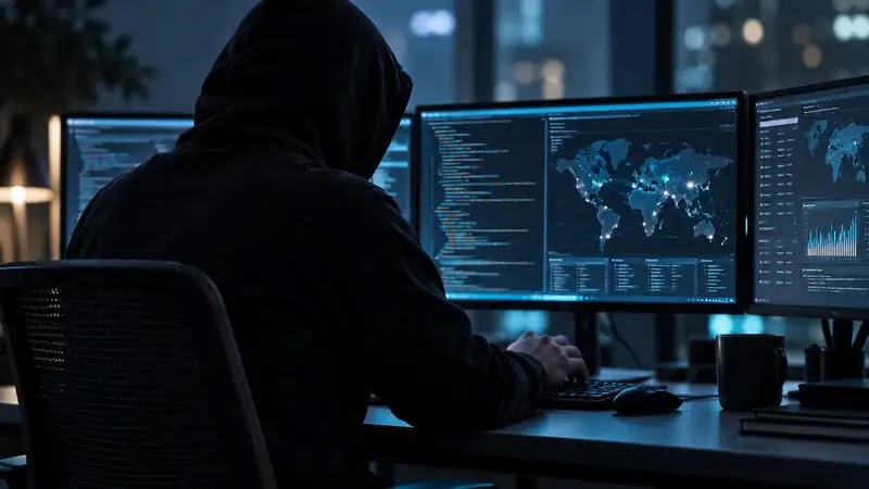 Anonymous hooded computer user working at multiple cybersecurity monitors