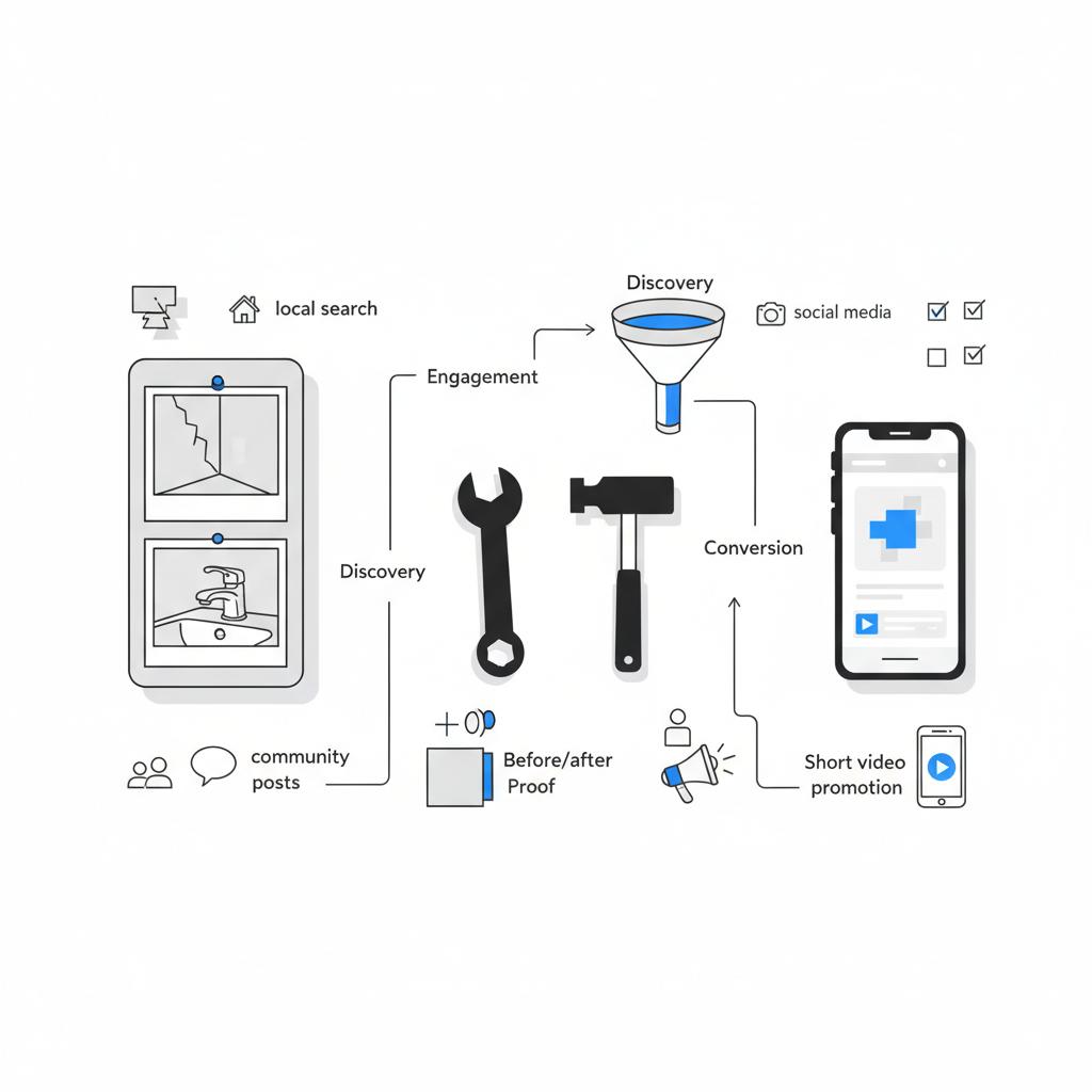 Minimalist vector workbench showing pinned before-and-after photos, a smartphone video thumbnail and sketch-style funnel diagrams illustrating how to get handyman leads for free