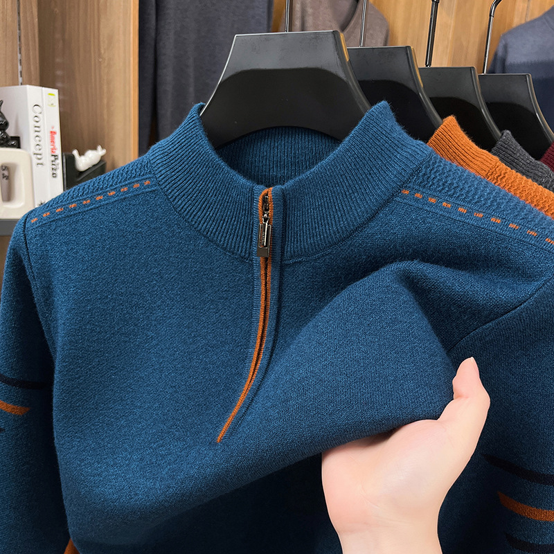 Men's knitted sweater with zipper and stand-up collar
