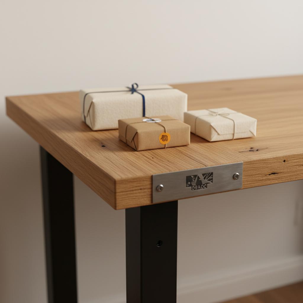 Nahaufnahme eines Holztisches mit wenigen verpackten Geschenken und teilweiser eingravierter Metallplakette, warme Lichtstimmung, industrielle Details — beliebte Weihnachtsgeschenke