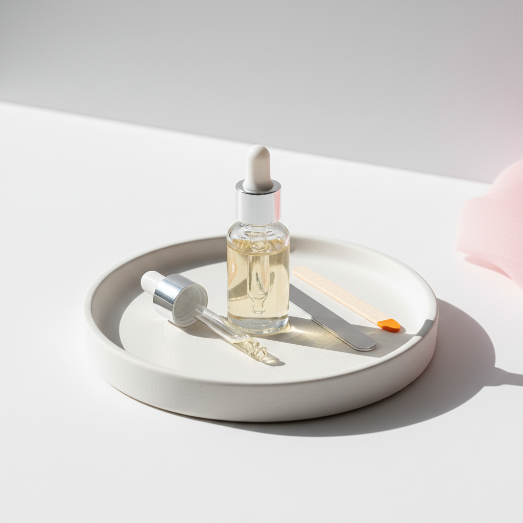 Detailaufnahme von Nagelpflege‑Accessoires auf weißer Keramikschale: geöffneter Tropf‑Flakon Nagelöl, feine Nagelfeile und Holzstäbchen – Nägel stärken natürlich