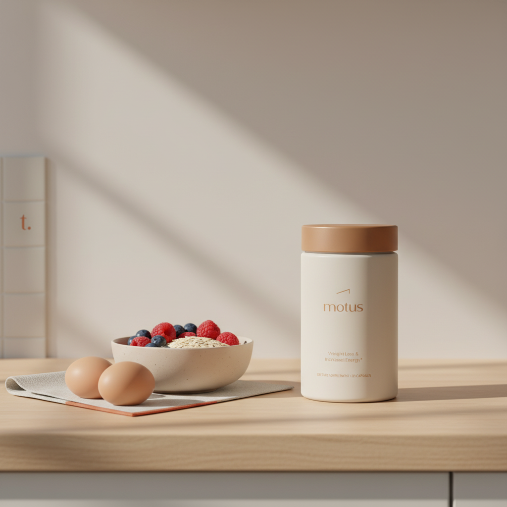 Tonum Motus supplement bottle on kitchen counter beside a bowl of berries, eggs, and oats in minimalist morning light, supporting lumen score weight loss