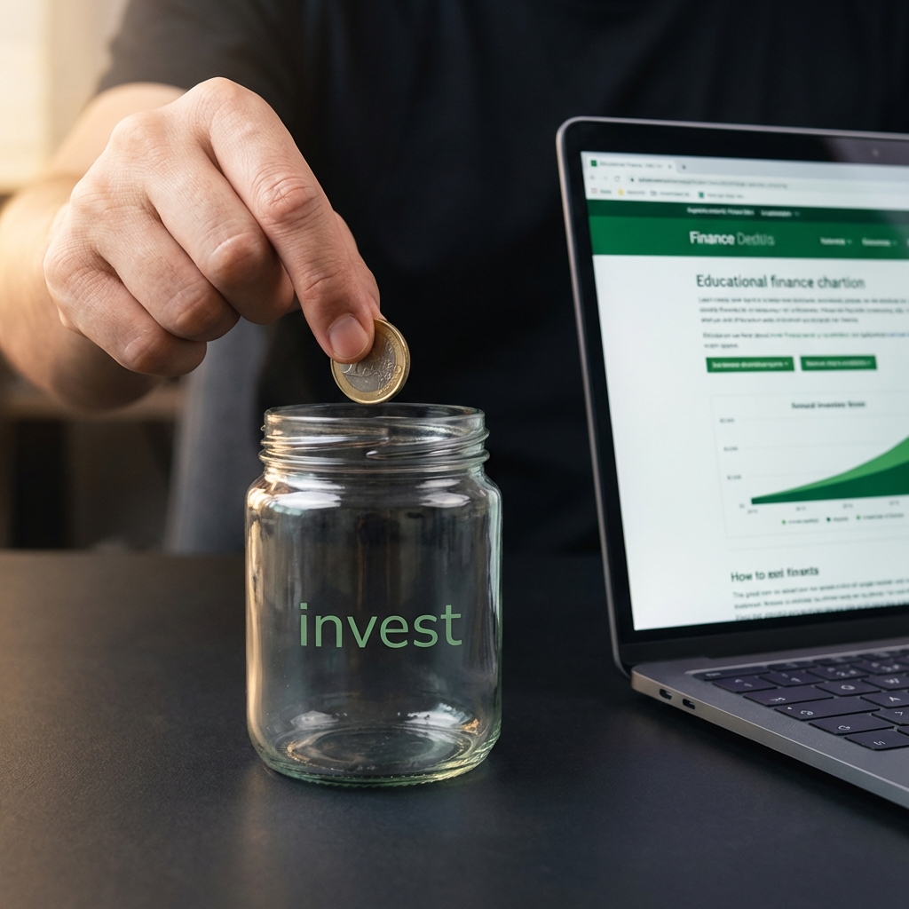 Close up of hand placing small coin into invest jar beside laptop showing educational pages how to get started investing with little money