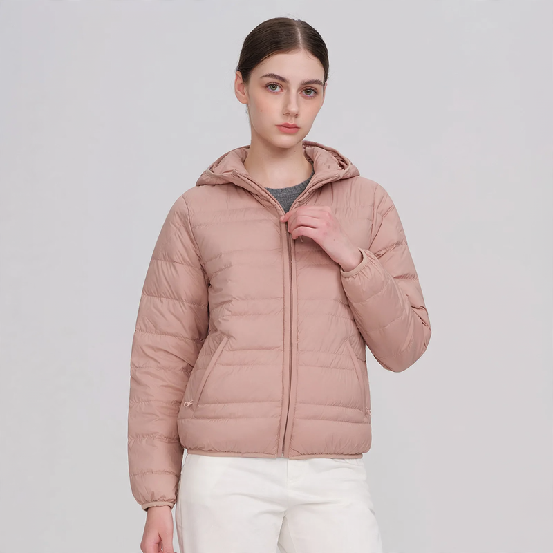 Light down jacket for women, hood, 90% white duck down
