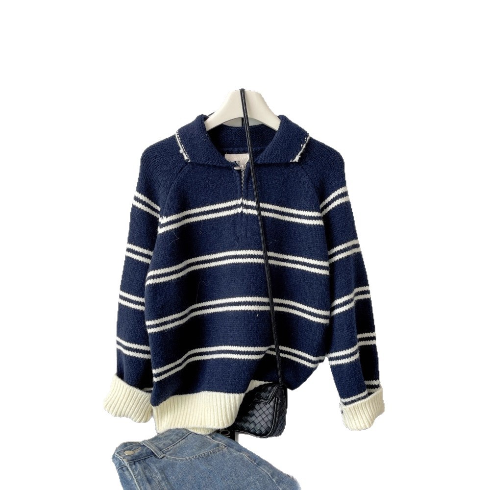 Damen-Strickpullover mit Streifen und Reißverschluss