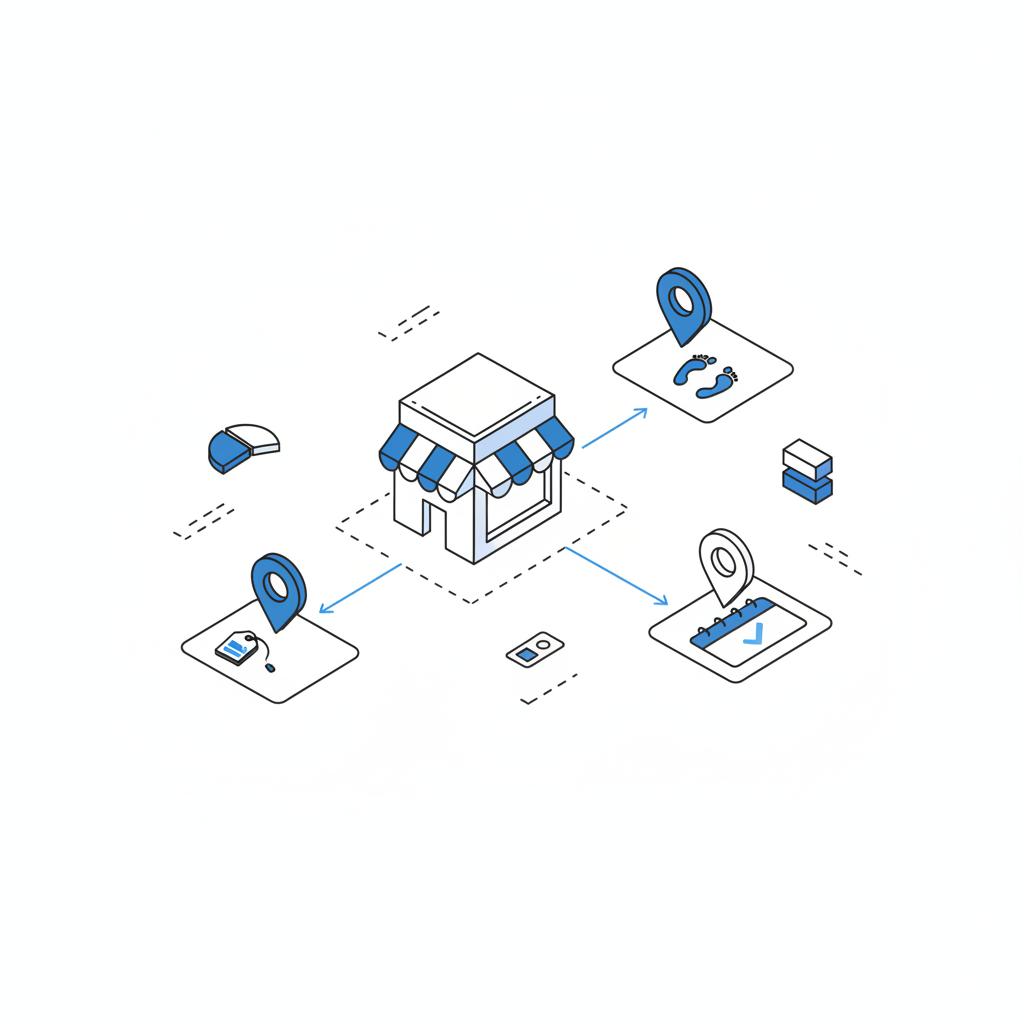 Isometric vector sketch of a storefront with three neighborhood pins connected by arrows to boxes with deal and visit icons, illustrating advertise on Nextdoor cost planning.