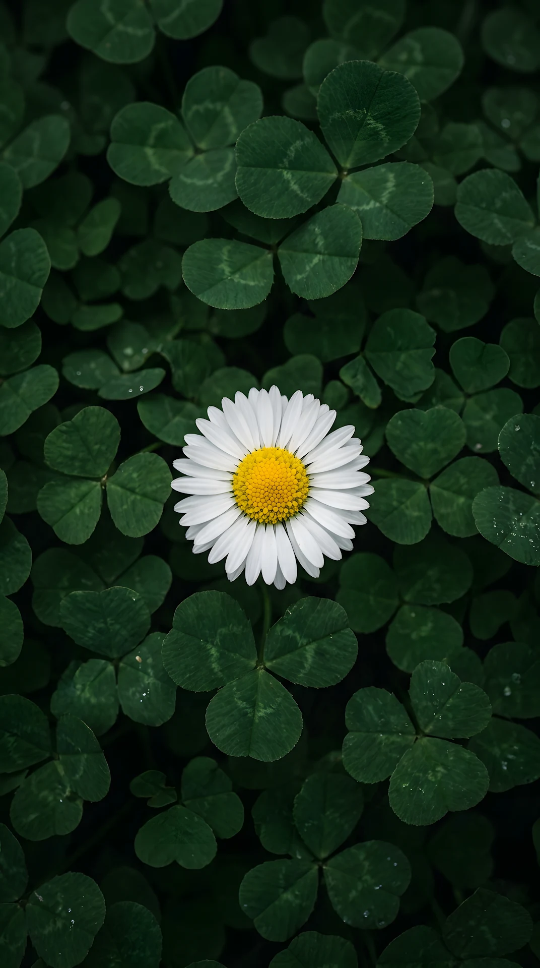 Top-Down View of a Single White Daisy in a Dense Patch of Green Clovers - Free 4K mobile Wallpaper