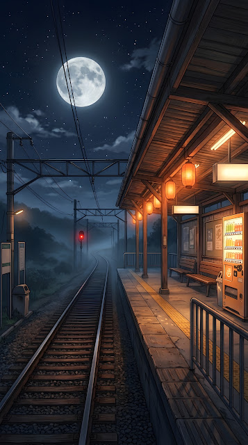 Anime Style Illustration of an Empty Train Station Platform Under a Full Moon - Free mobile Wallpaper
