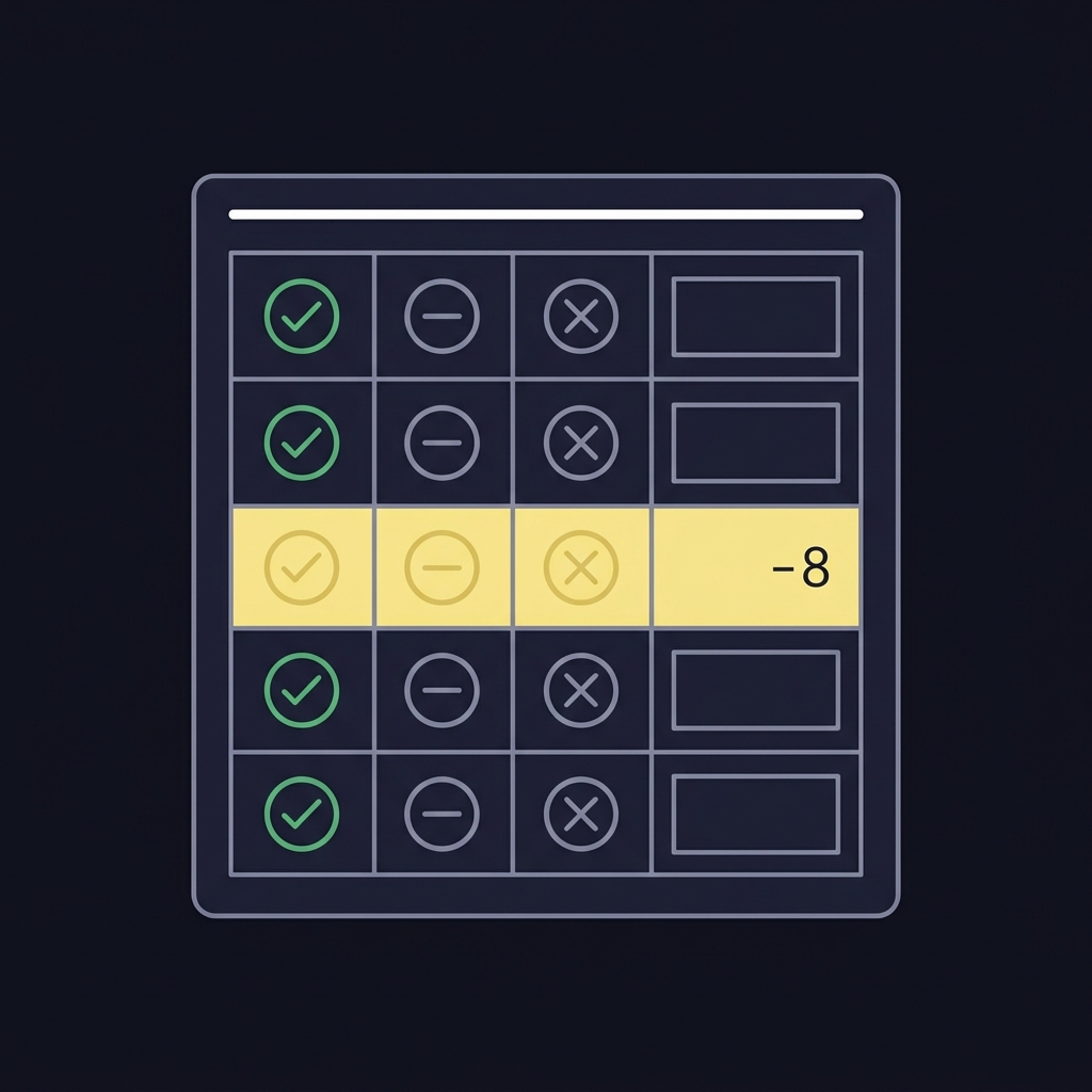 Minimalist vector ledger page tracking bets with icon columns for win push loss and a highlighted minus eight row in Funded Plays colors 8 bets