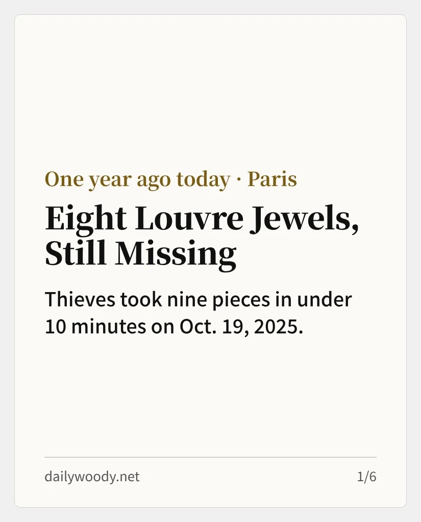 Eight Louvre jewels are still missing: thieves took nine pieces in under 10 minutes on Oct. 19, 2025 (card 1/6)