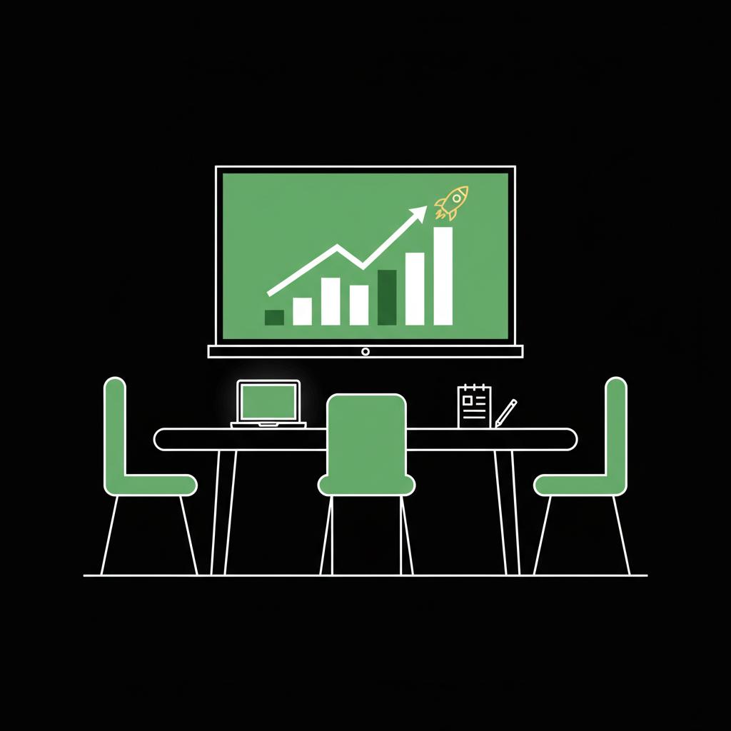 Minimalist 2D vector meeting room with empty chairs and a presentation screen showing charts and a rocket icon symbolizing how to start investing in startups