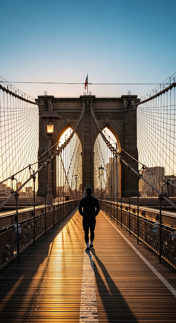 Single Runner Walking Towards the Iconic Brooklyn Bridge Stone Arches at Sunrise - Free mobile Wallpaper