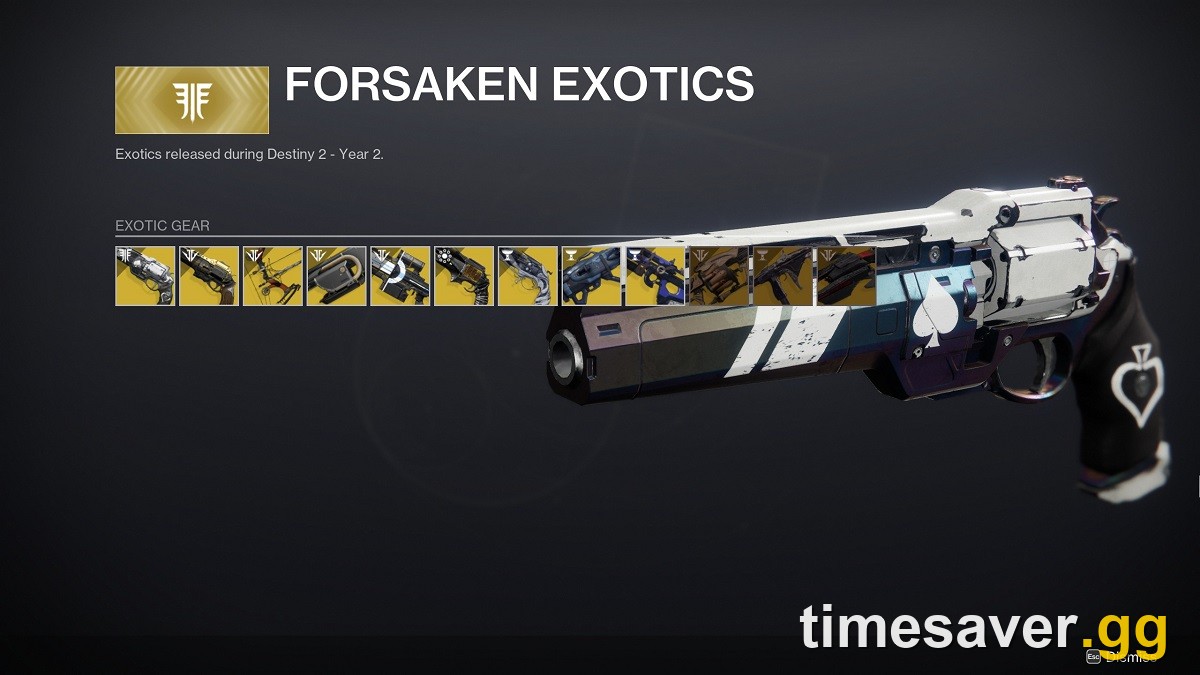 The Forsaken Exotics category at the Monument to Lost Lights in the Destiny 2 Tower, where players spend Exotic Ciphers to buy old Exotic weapons like Ace of Spades