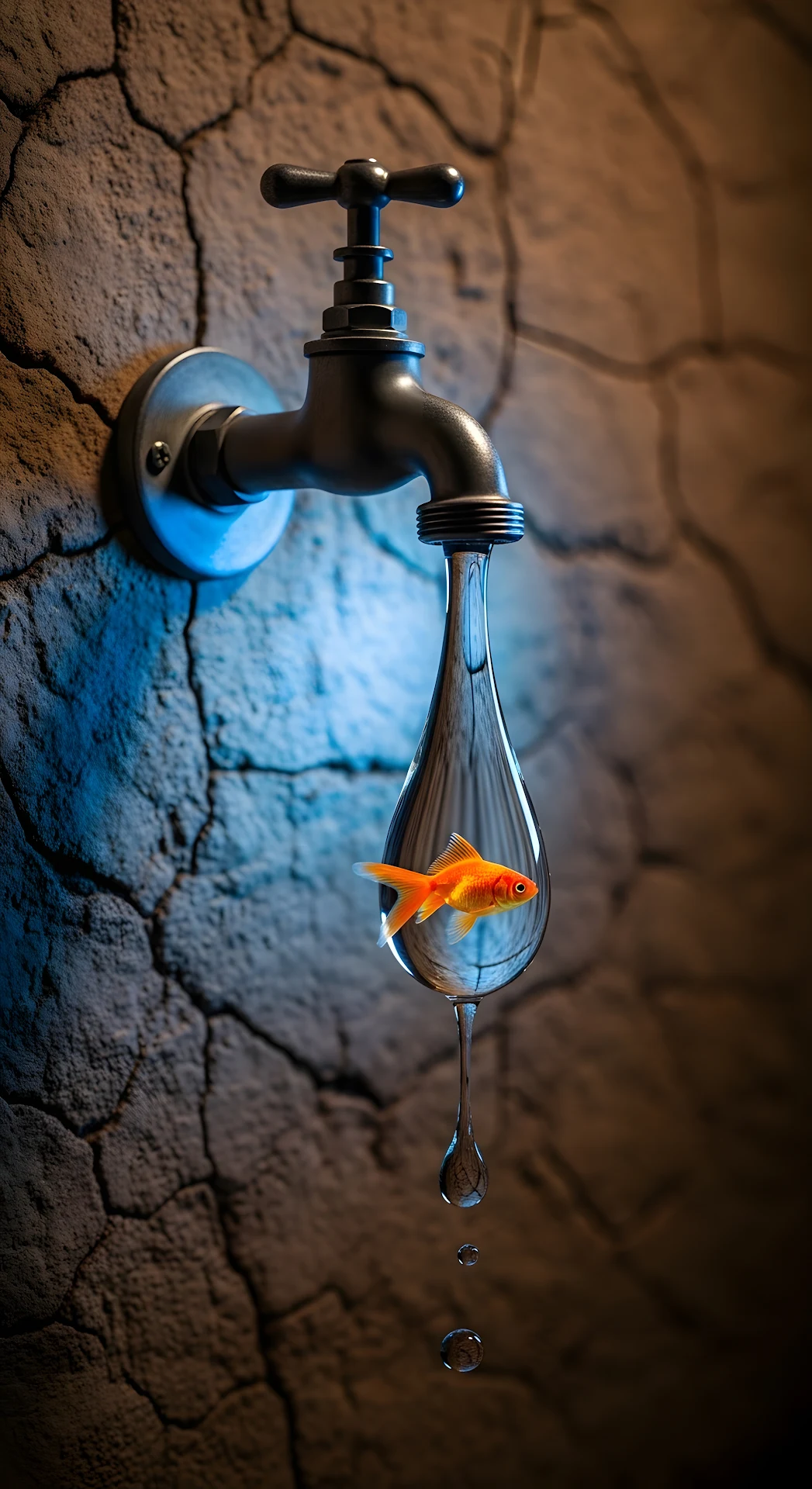 Goldfish Trapped in a Single Water Droplet on Cracked Wall - Free 4K mobile Wallpaper