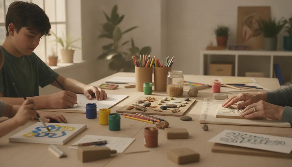 Art therapy benefits for attention social connection and agency shown through a shared creative table