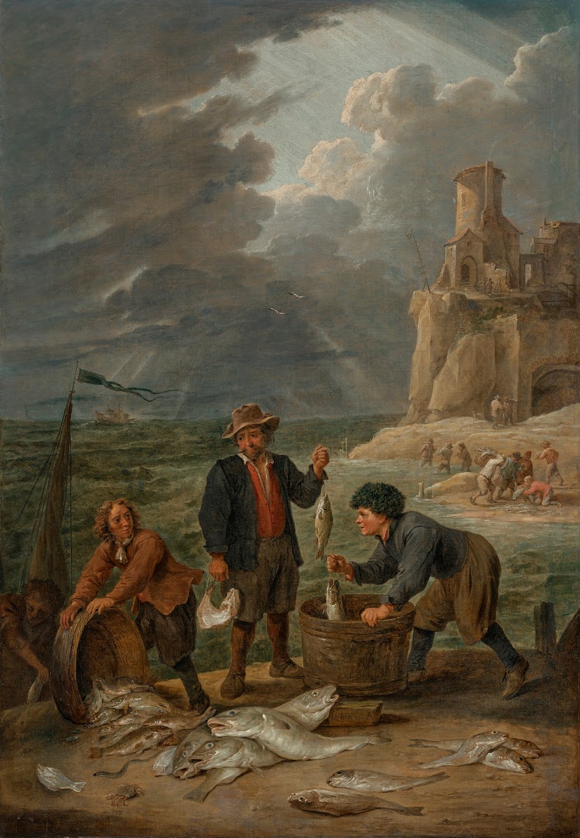 Fishermen returning to shore with their catch in the background other fisherman