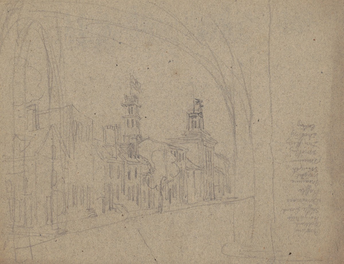 Sketch of Philadelphia street with list of games and amusements in right margin