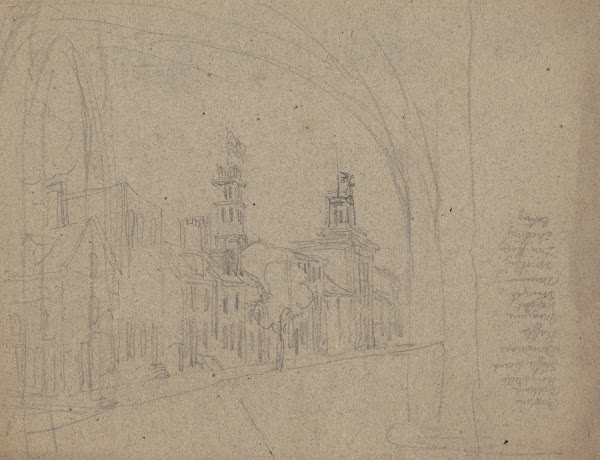 Sketch of Philadelphia street with list of games and amusements in right margin