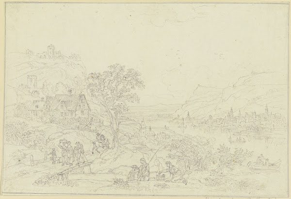Von Gebirgen umgebenes Flusstal jenseits des Flusses eine Stadt 1792