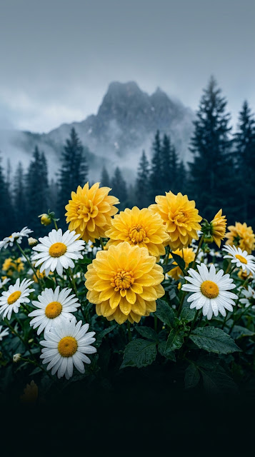 Misty Mountain Yellow and White Dahlias Wallpaper - Free mobile Wallpaper