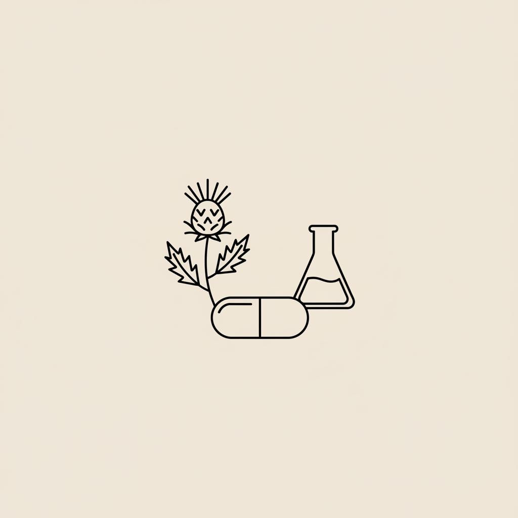 Minimalist line illustration of a milk thistle flower, capsule, and lab flask on beige background symbolizing siliphos benefits for liver support and wellbeing.