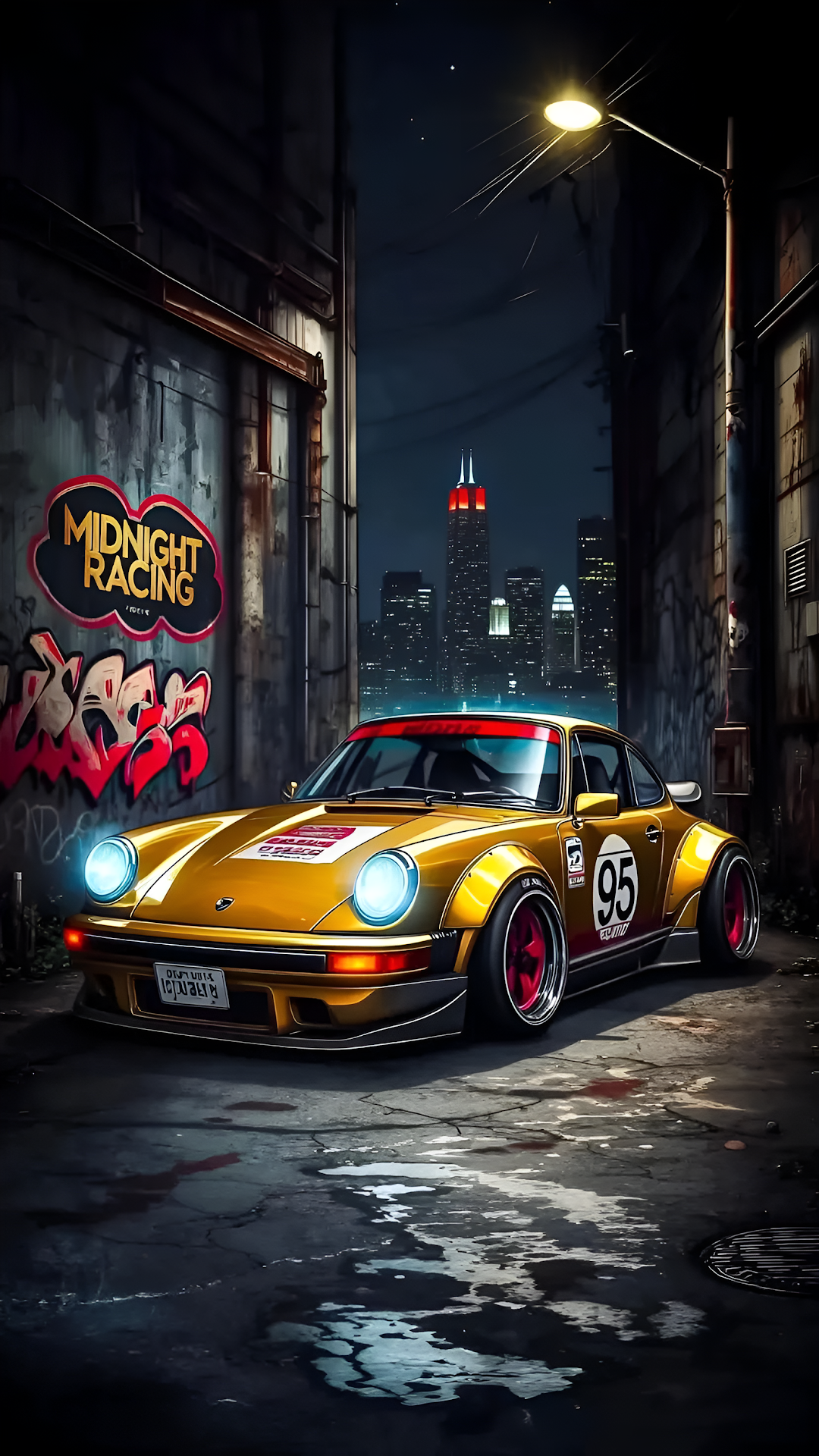 Gold Race Car Alley Night Chicago Skyline Graffiti Art - Free 4K mobile Wallpaper