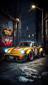 Gold Race Car Alley Night Chicago Skyline Graffiti Art