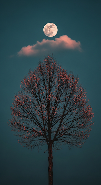 Moody High-Contrast Photograph of a Full Moon Over a Silhouetted Tree with Tiny Blooms - Free mobile Wallpaper