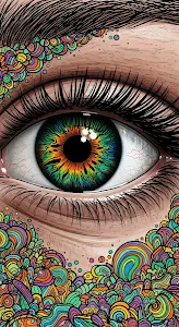 Psychedelic Eye with Swirling Iris and Colorful Border