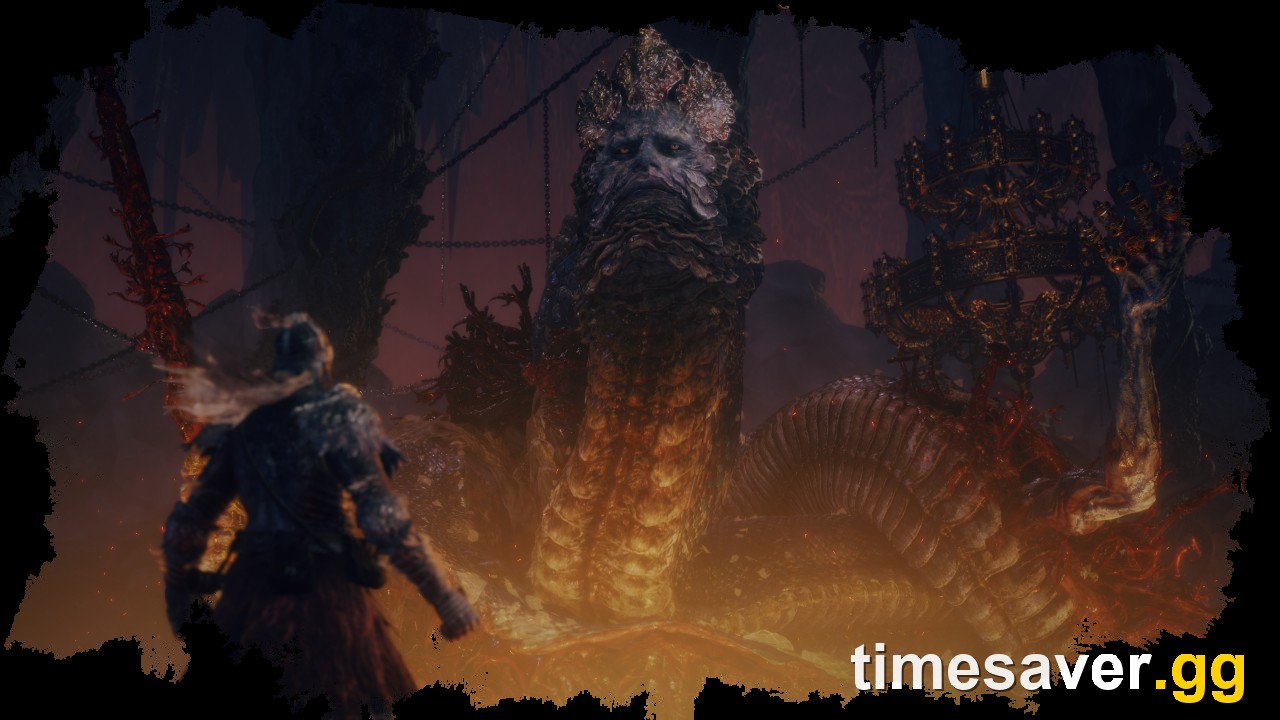 A Tarnished faces a towering serpent boss under a red sky in Elden Ring's Lands Between