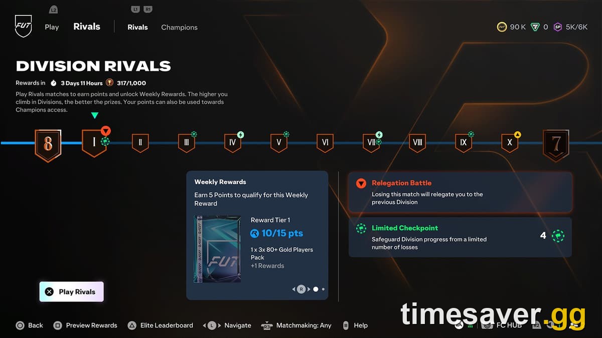 EA SPORTS FC 27 Ultimate Team Division Rivals screen showing division progression from Division 8, weekly reward progress, relegation battle and limited checkpoints