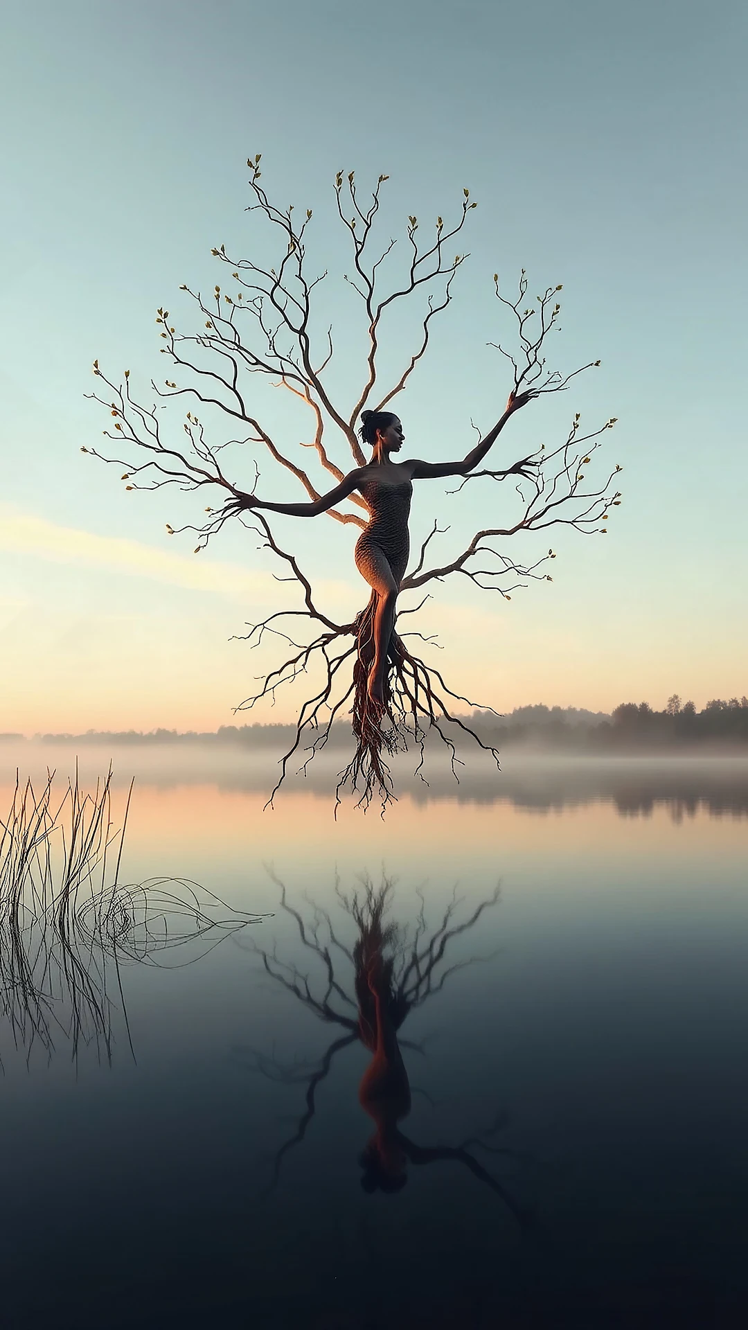 Woman as Tree Silhouette Over Misty Lake - Free 4K mobile Wallpaper