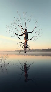 Woman as Tree Silhouette Over Misty Lake