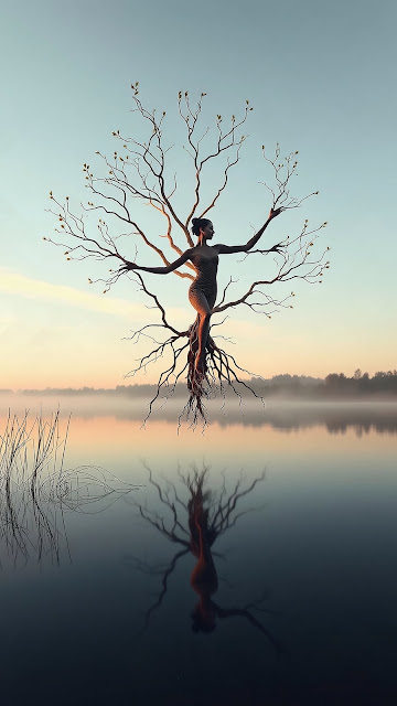 Woman as Tree Silhouette Over Misty Lake - Free mobile Wallpaper