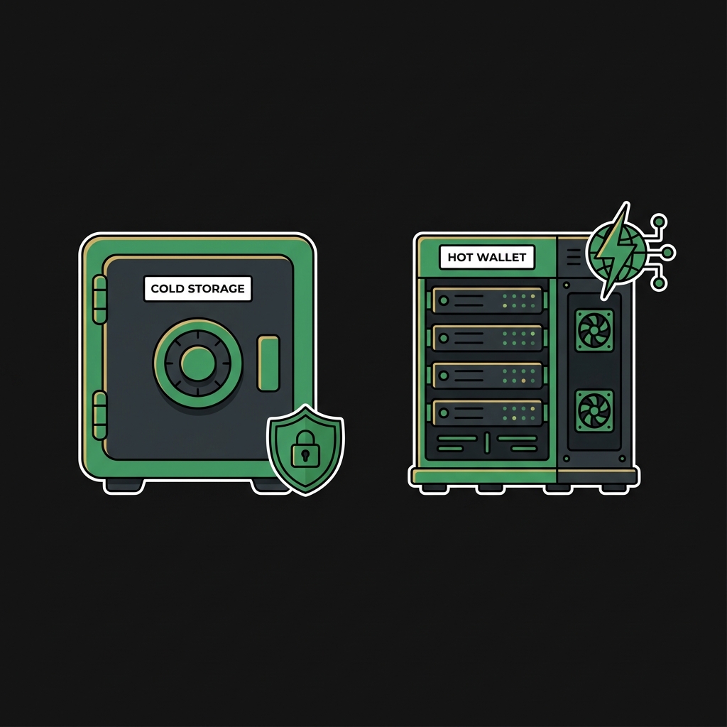 Flat minimal illustration comparing a cold storage safe and a hot wallet server rack on a dark background showing best way to buy crypto with emphasis on secure storage