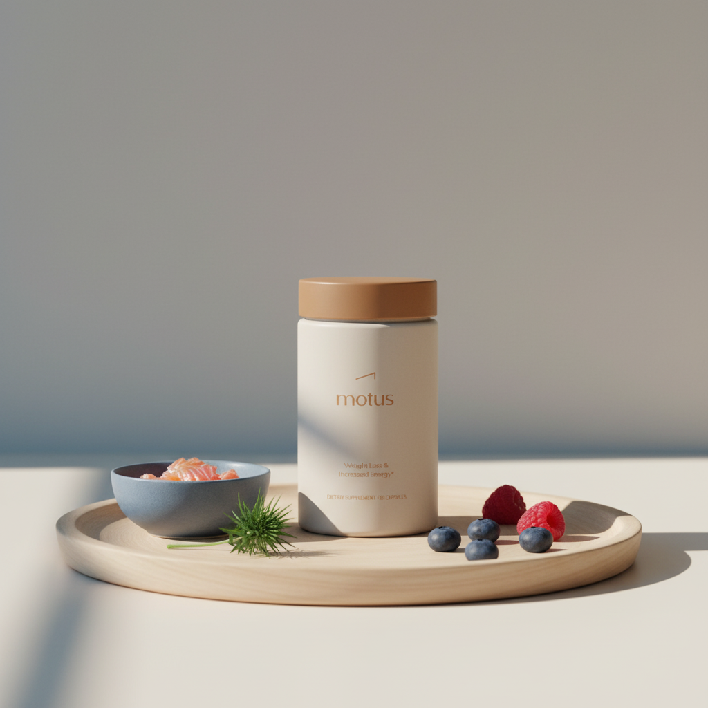 Tonum Nouro product bottle on wooden tray with a small bowl of sardine fillets or flaked salmon, a milk thistle sprig and a few berries on a minimalist beige background — Dr Daniel Amen supplements